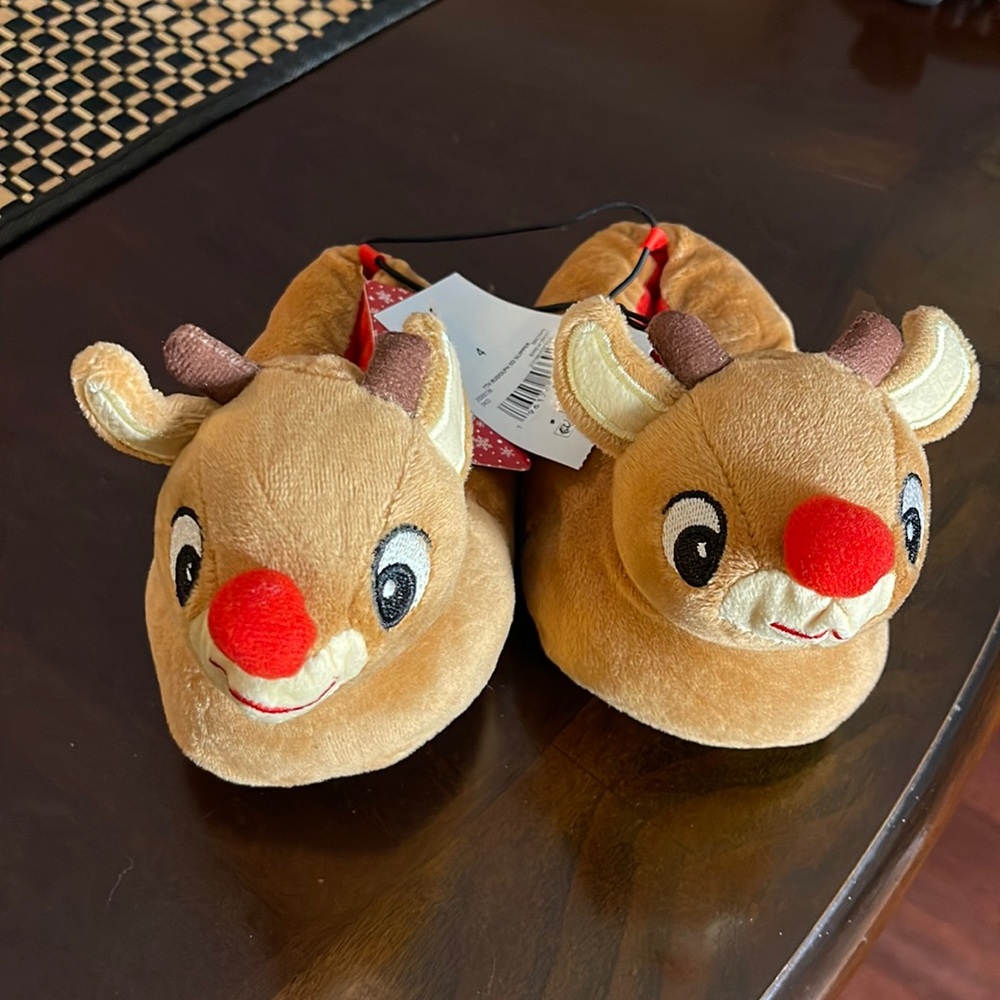 NEW RUDOLPH THE RED-NOSED REINDEER BABY SLIPPERS COLOR BROWN AND RED